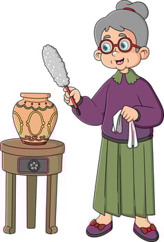 old Woman Housewife Wiping The Dust Of Vase with Brush vector