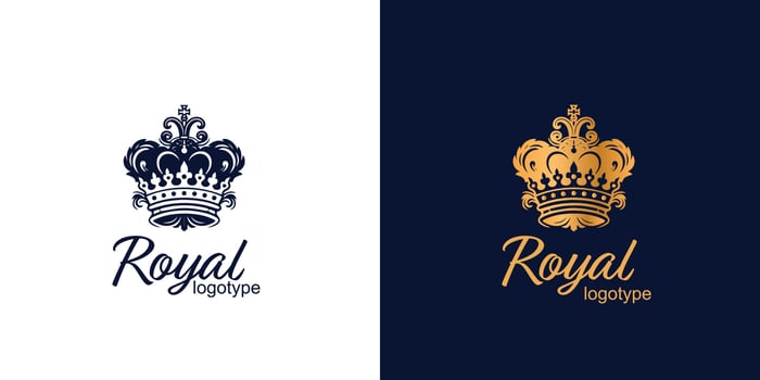 Crown Luxury Concept Logo Design Template on blue and white background. Logotype vector sign