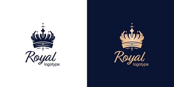 Crown Luxury Concept Logo Design Template on blue and white background. Logotype vector sign