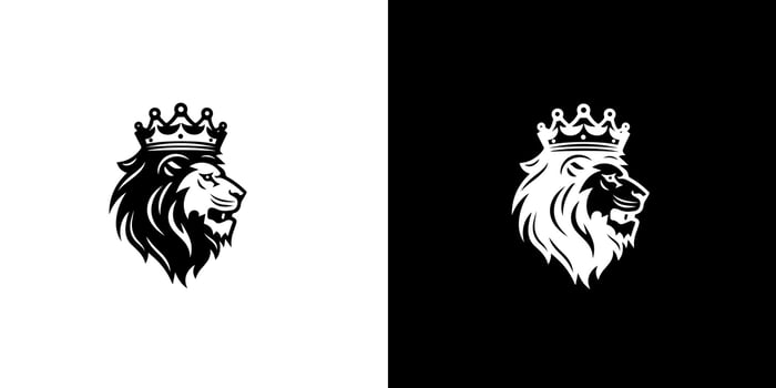Royal king lion crown symbol. Elegant black Leo animal logotype. Premium luxury brand identity icon. Vector illustration design template.