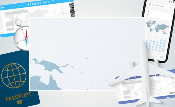 Journey to Nauru, illustration with a map of Nauru. Background with airplane, cell phone, passport, compass and tickets. vector