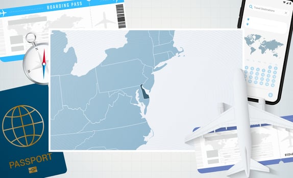 Journey to Delaware, illustration with a map of Delaware. Background with airplane, cell phone, passport, compass and tickets. vector