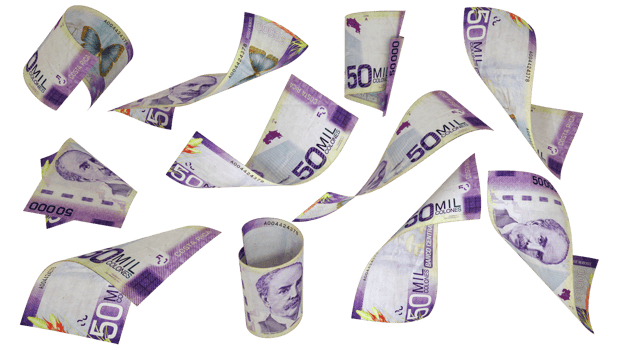 3D rendering of Costa Rican Colon notes flying in different angles and orientations isolated on transparent background png