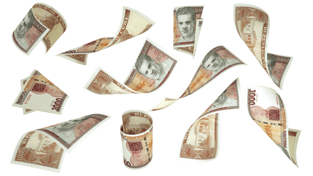 3D rendering of Cuban peso notes flying in different angles and orientations isolated on transparent background png