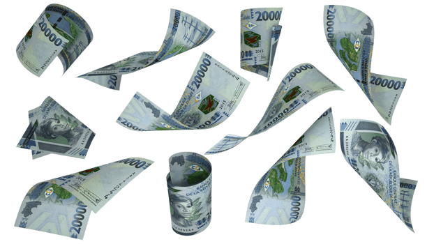 3D rendering of Guinean Franc notes flying in different angles and orientations isolated on transparent background png