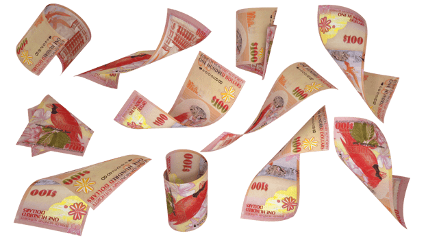 3D rendering of Bermuda Dollar notes flying in different angles and orientations isolated on transparent background png