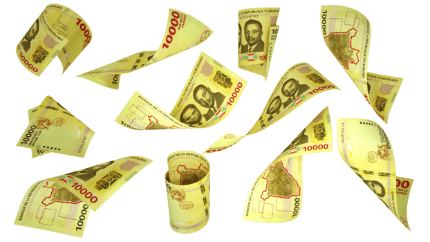 3D rendering of Burundian Franc notes flying in different angles and orientations isolated on transparent background png