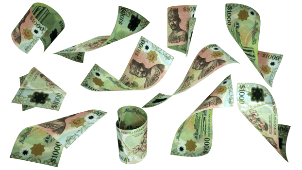 3D rendering of Bruneian Dollar notes flying in different angles and orientations isolated on transparent background png