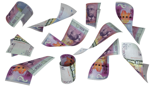 3D rendering of 5000 Cape Verdean Escudo notes flying in different angles and orientations isolated on transparent background png
