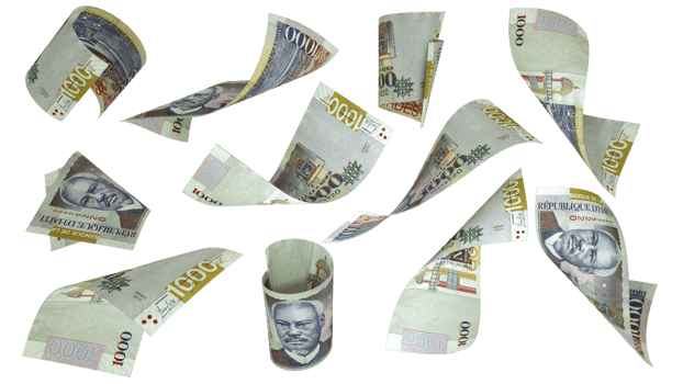3D rendering of Haitian Gourde notes flying in different angles and orientations isolated on transparent background png