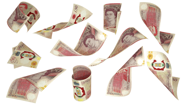 3D rendering of 50 British pound notes flying in different angles and orientations isolated on transparent background png