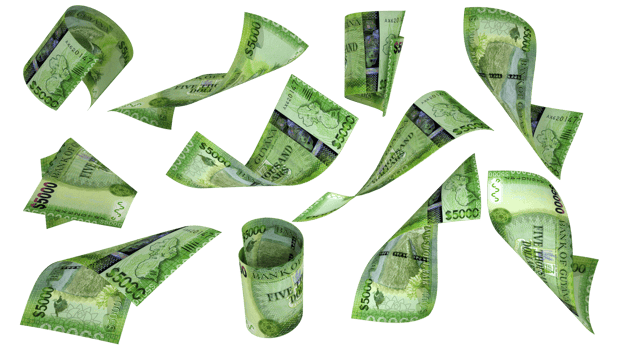 3D rendering of Guyanese dollar notes flying in different angles and orientations isolated on transparent background png