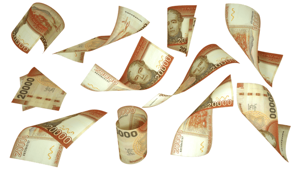 3D rendering of 20000 Chilean peso notes flying in different angles and orientations isolated on transparent background png