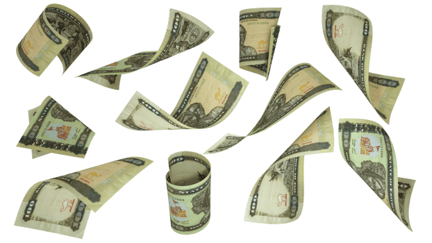 3D rendering of Eritrean Nakfa notes flying in different angles and orientations isolated on transparent background png