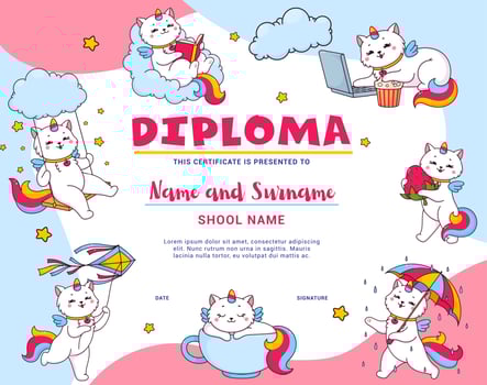 Kids diploma with cartoon cute caticorn characters vector