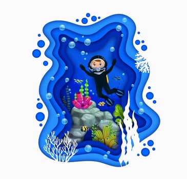 Cartoon diver, underwater paper cut sea landscape vector