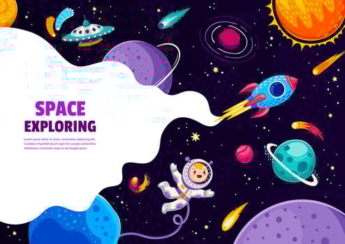 Space exploring cartoon starship, space planets vector
