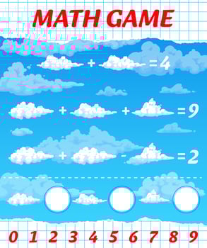 Math game worksheet, cartoon fluffy white clouds vector