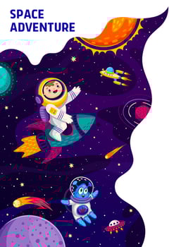 Space landing page with kid astronaut and alien vector