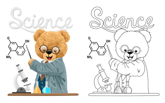 Hand drawn vector illustration of teddy bear scientist. Coloring book or page