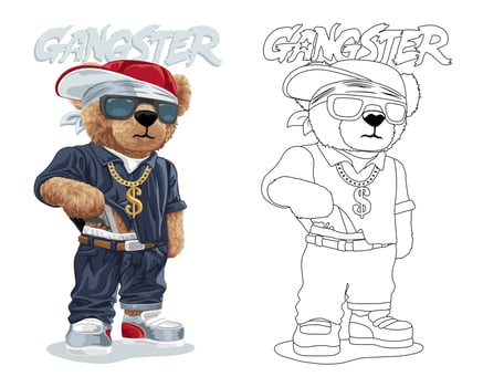 Hand drawn vector illustration of teddy bear gangster with gun. Coloring book or page