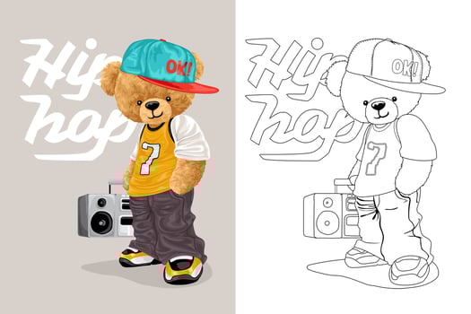 Hand drawn vector illustration of teddy bear in hip hop style with tape recorder. Coloring book or page