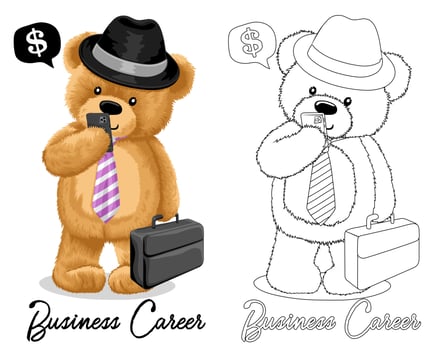 Hand drawn vector illustration of teddy bear wearing bowler hat and tie with suitcase holding cellular phone. Coloring book or page