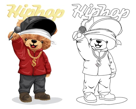 Hand drawn vector illustration of teddy bear in hip hop style holding microphone. Coloring book or page