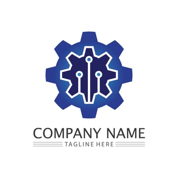 vector logo technology Digital tech vector business logo template concept illustration. Gear electronic factory sign. Cog wheel technology symbol SEO emblem Design element