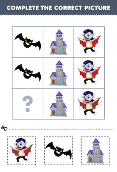 Education game for children to choose and complete the correct picture of a cute cartoon dracula bat or castle printable halloween worksheet vector