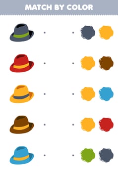 Education game for children match by color of cute cartoon fedora hat printable wearable clothes worksheet vector