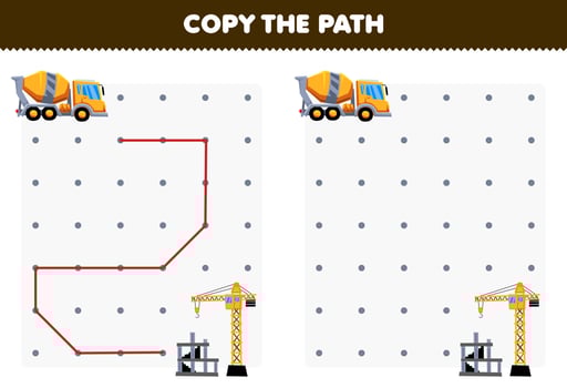 Education game for children copy the path help concrete mixer truck move to the building site printable transportation worksheet vector