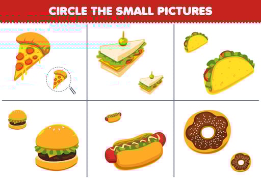 Education game for children circle the small picture of cute cartoon pizza sandwich taco burger hotdog donut printable food worksheet vector
