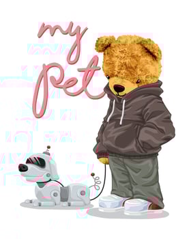 Hand drawn vector illustration of teddy bear with pet robot
