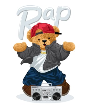 Hand drawn teddy bear cartoon in hip hop style with tape recorder vector