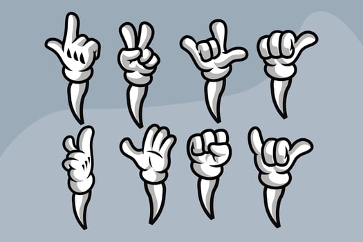 Set of cartoon hands. Comic arms with fingers in white gloves with various gestures, cartoon character body parts. Gesture hand finger count, thumb gesturing illustration vector