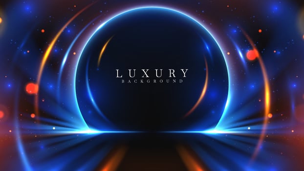 Blue light circle frame overlap gold ray motion effects on black background with bokeh decorations. vector
