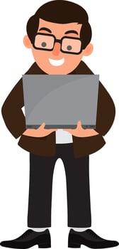Character of businessman holding laptop. vector