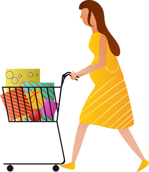 Character of woman holding trolley full of gift boxes. vector