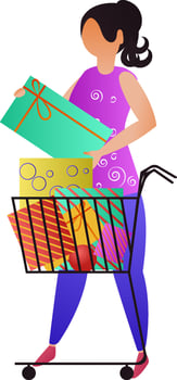 Lady character with shopping cart full of gift boxes. vector
