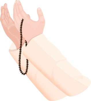 Praying human hands and holding Rosary Beads Tasbih on white background. vector
