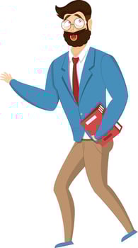 Vector illustration of bearded man character wearing formal dress and holding a book on white background.