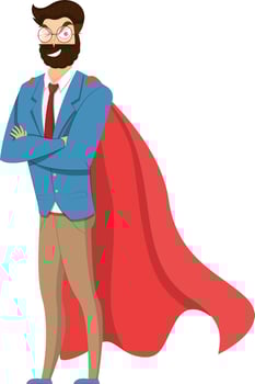 Successful man dressed like super hero standing on white background. Funny cartoon element. vector