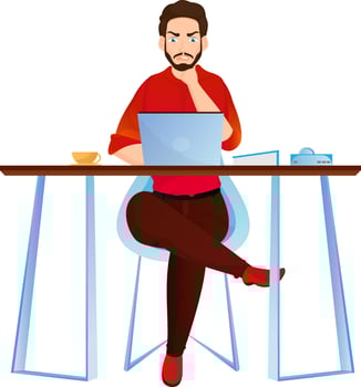 Young cheerful businessman character sitting on chair and doing work in laptop. vector