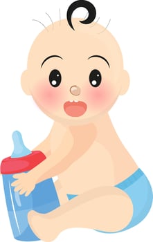 Cute baby holding milk bottle in sitting pose. vector