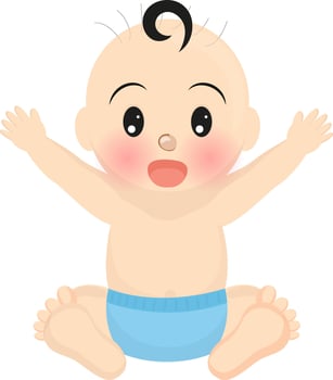 Cute baby raising hands up in sitting pose. vector