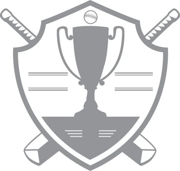 Cricket shield with winner cup, bats and ball. vector