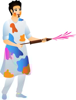Young boy playing holi with water gun. vector