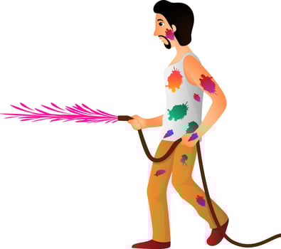 Young man holding water hose on white background. vector