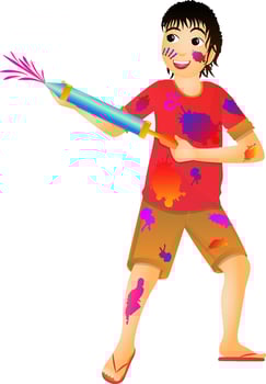 Cheerful boy character playing with water gun on the occasion of Holi. vector